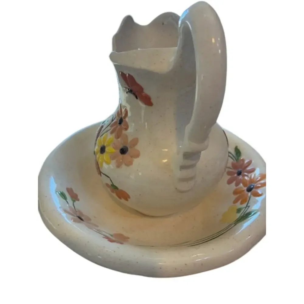 Vintage Beautiful Ceramic Pitcher & Basin Set Handpainted w/Flowers and Buttefly